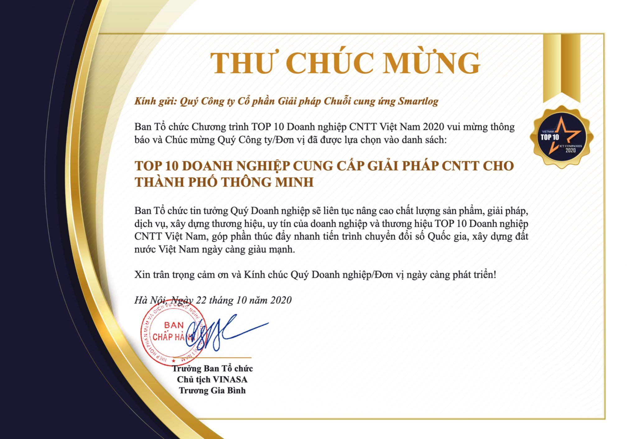 Smartlog đạt top 10 doanh nghiệp cung cấp giải pháp CNTT cho thành phố thông minh