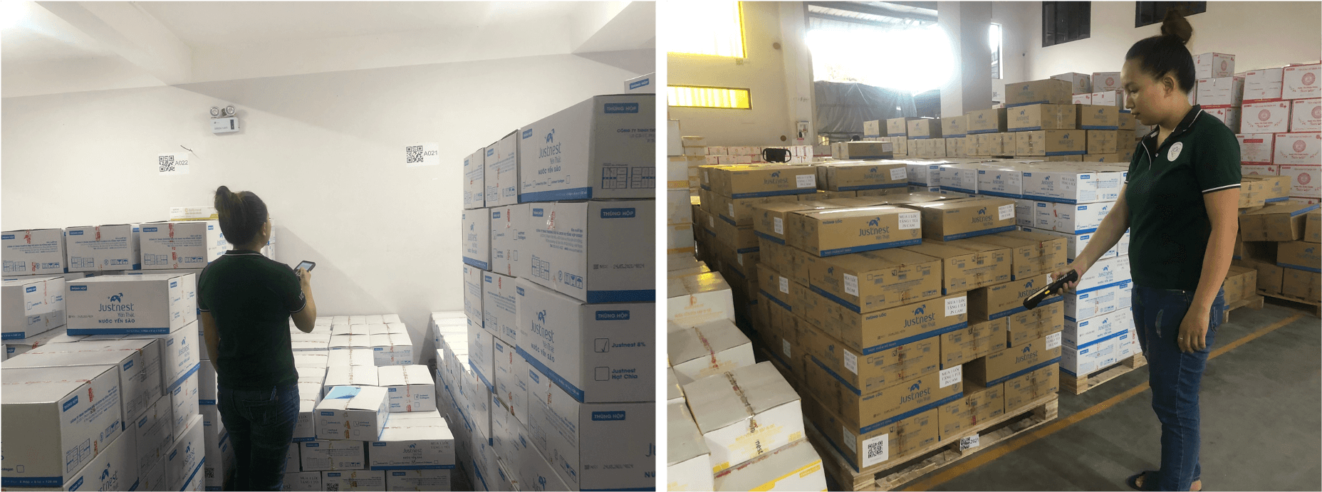 Thủ kho dùng thiết bị để soạn hàng, quét QR các thùng để xuất hàng ra thị trường